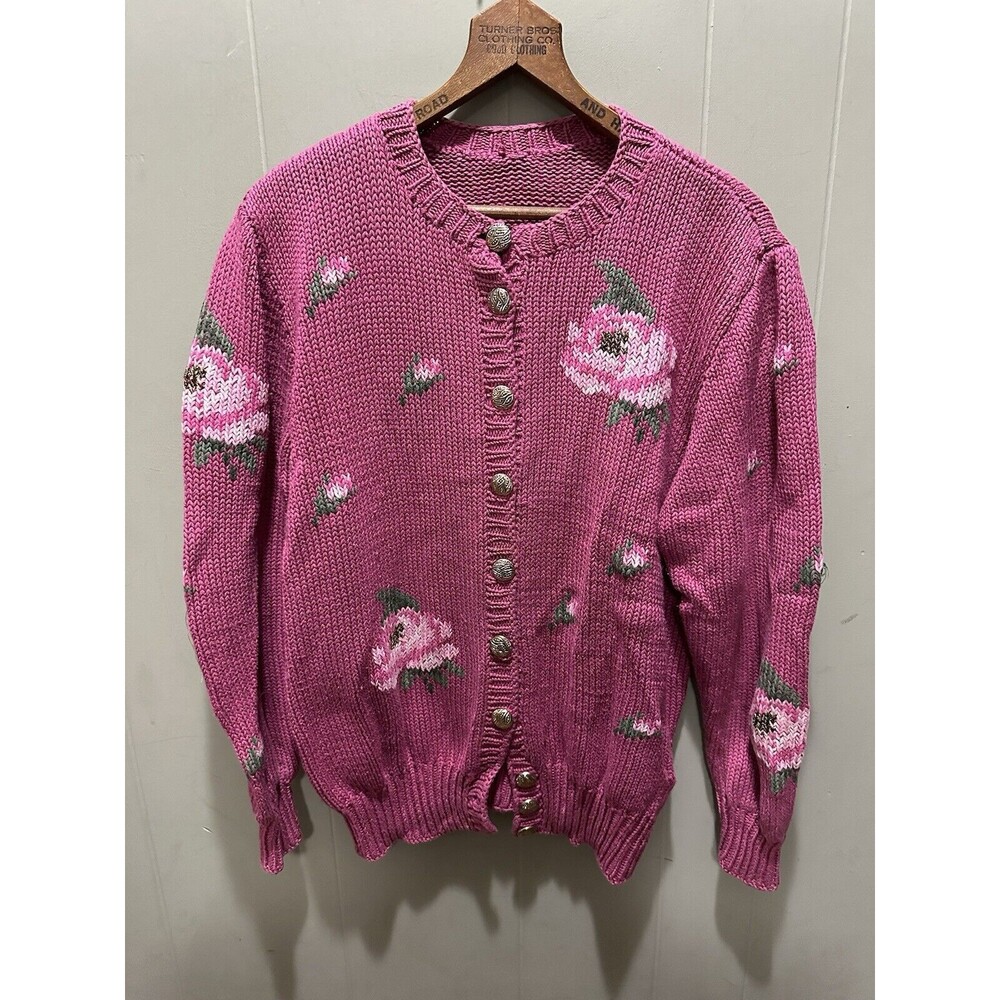 Super Granny Core Barbie Core Homemade Thick Cable Knit Sweater Pink Roses OS